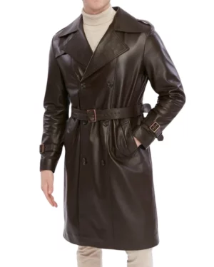 Charles Brown Leather Double-Breasted Trench Coat