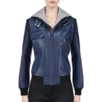 Hazel Blue Hooded Leather Biker Jacket