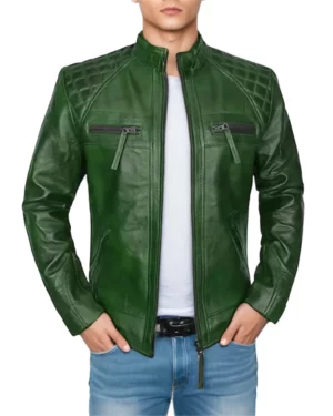 Mateo Distressed Green Leather Biker Jacket