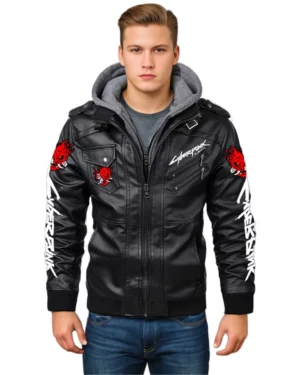 Front view of Cyberpunk 2077 Samurai black leather jacket featuring vibrant red Samurai mask embroidery, stylish white sleeve lettering, and layered hoodie for a rugged, futuristic style