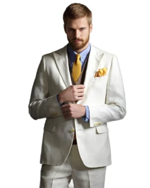 Stylish men’s ivory blazer paired with a brown waistcoat and gold silk pocket square — sophisticated outfit for upscale occasions or cocktail attir