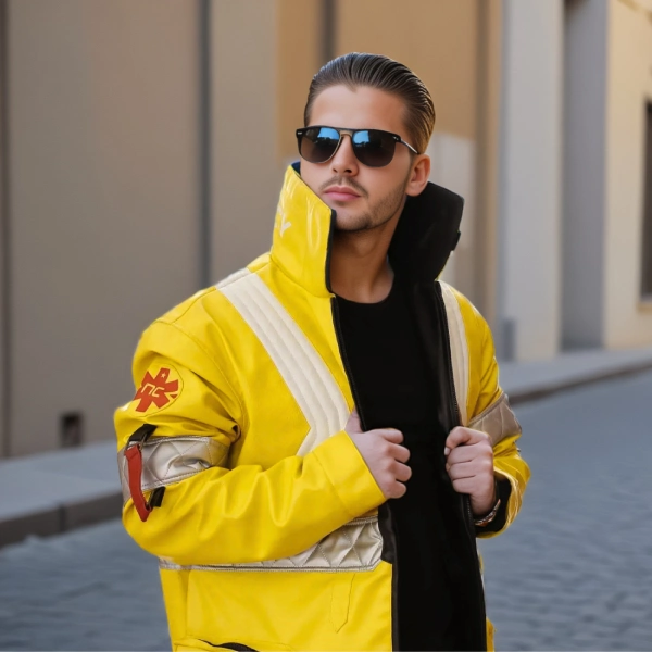 Cyberpunk 2077 David Martinez jacket with upright collar, reflective piping, and quilted midsection — modern urban techwear look