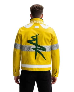 Rear view of yellow Cyberpunk 2077 David Martinez jacket showcasing large green cyber insignia and bold EMERGENCY lettering on the collar