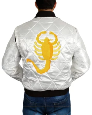 Back view of men’s white quilted bomber jacket with embroidered golden scorpion, inspired by Drive movie, styled with black ribbed waistband and cuffs.