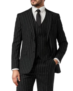 Front view, hand-in-pocket: “Thomas Shelby slim-fit black pinstripe three-piece suit—vest, notch-lapel jacket, and tapered trousers for men’s business formal attire.