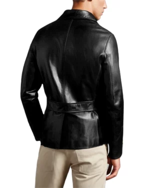 Rear angle of premium black leather jacket for men with a belted waist and structured fit, showcasing high-quality craftsmanship and rich texture