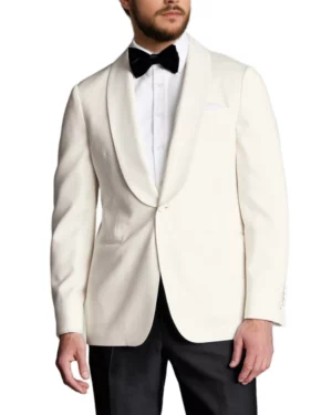 Close-up of tuxedo dinner jacket with shawl lapel, black bow tie, and formal shirt