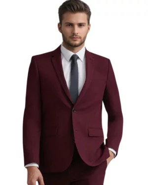 Front-facing full-length shot of a men’s burgundy slim-fit wool-blend suit featuring a notch lapel blazer and flat-front trousers