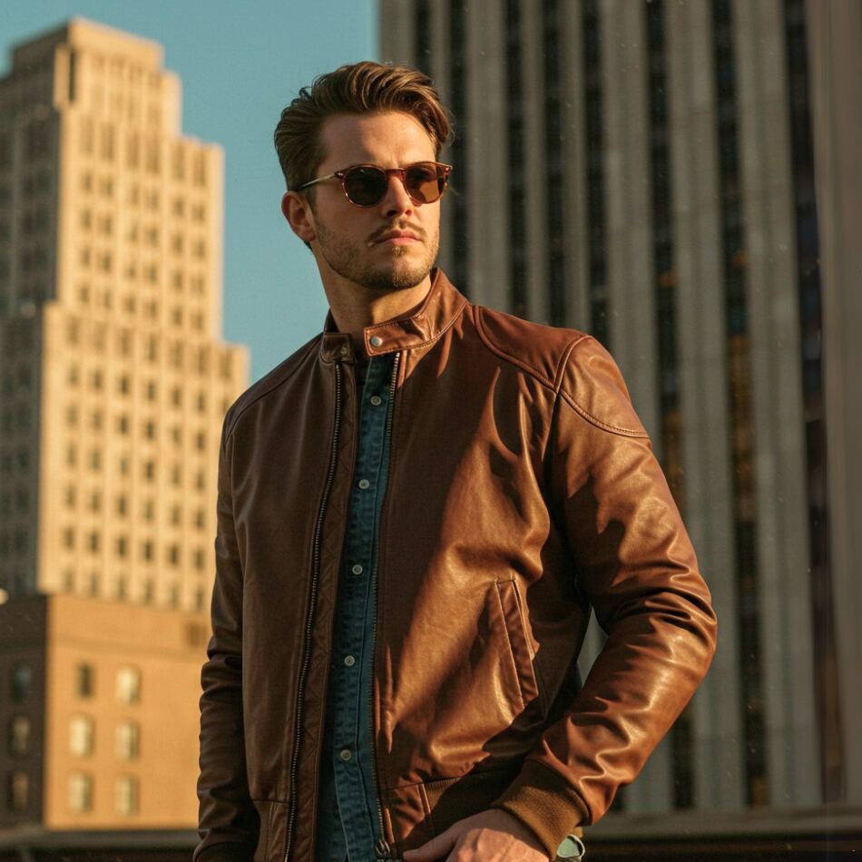 Male model with sunglasses wearing slim-fit brown leather bomber jacket over denim shirt on urban rooftop — men’s fashion.