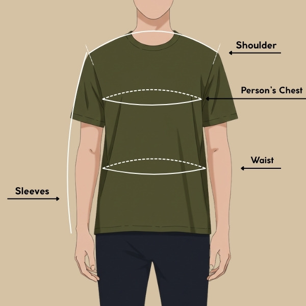 Illustration of a person with dashed lines and arrows showing where to measure shoulder width, chest circumference, waist (for women), and sleeve length.
