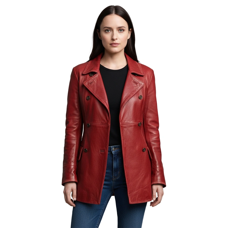 Dakota Double Breasted Red Leather Car Coat