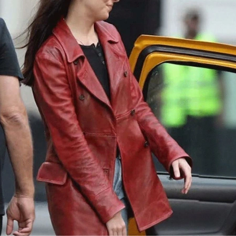 Dakota Double Breasted Red Leather Car Coat - Image 5
