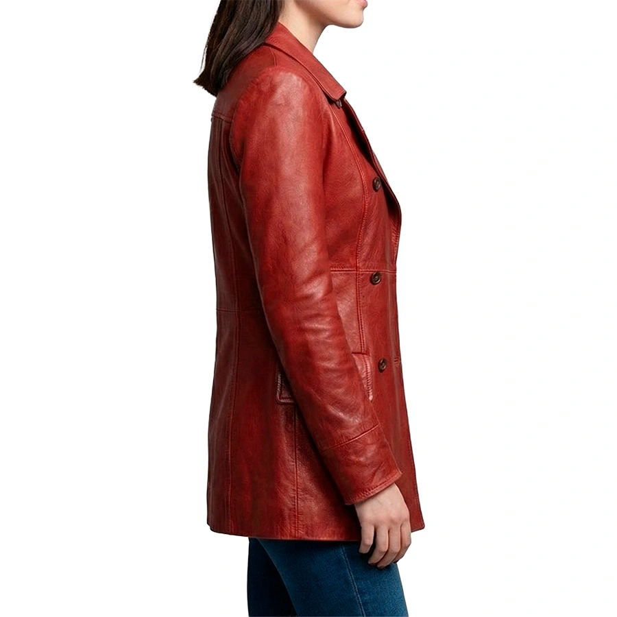 Dakota Double Breasted Red Leather Car Coat - Image 9