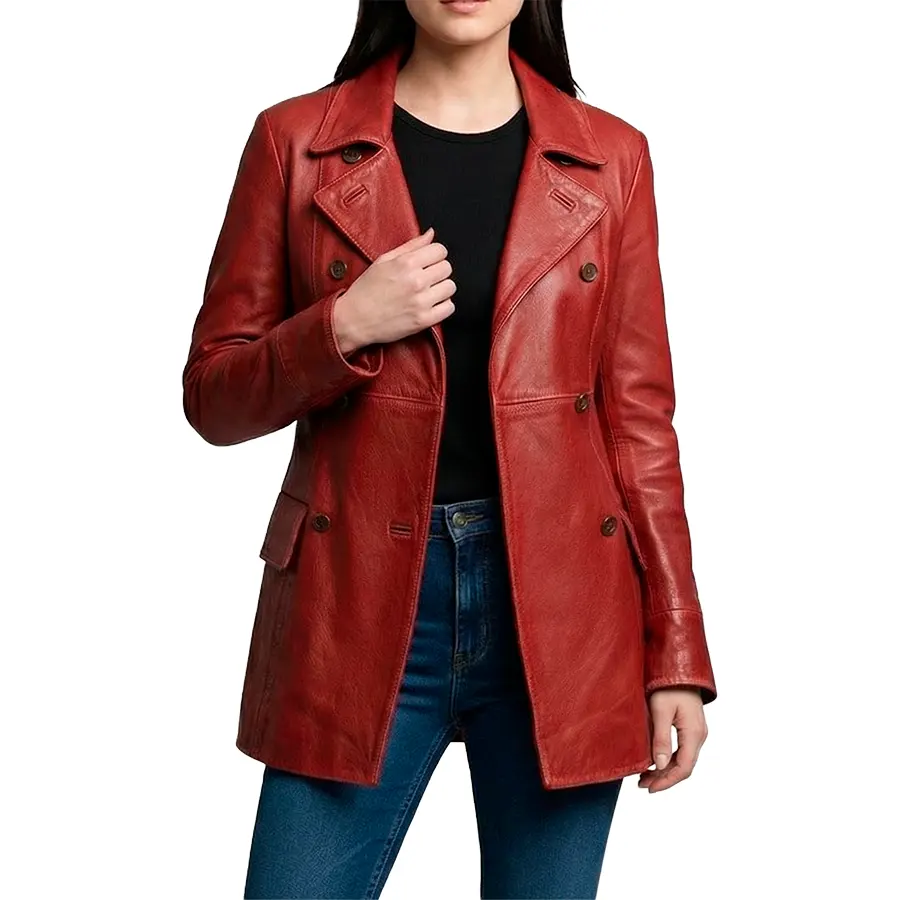 Dakota Double Breasted Red Leather Car Coat - Image 4