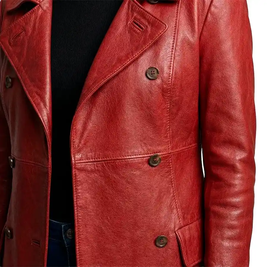 Dakota Double Breasted Red Leather Car Coat - Image 7