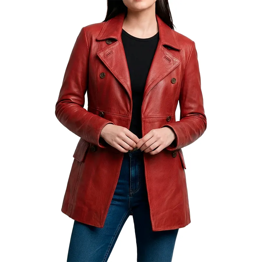 Dakota Double Breasted Red Leather Car Coat - Image 2