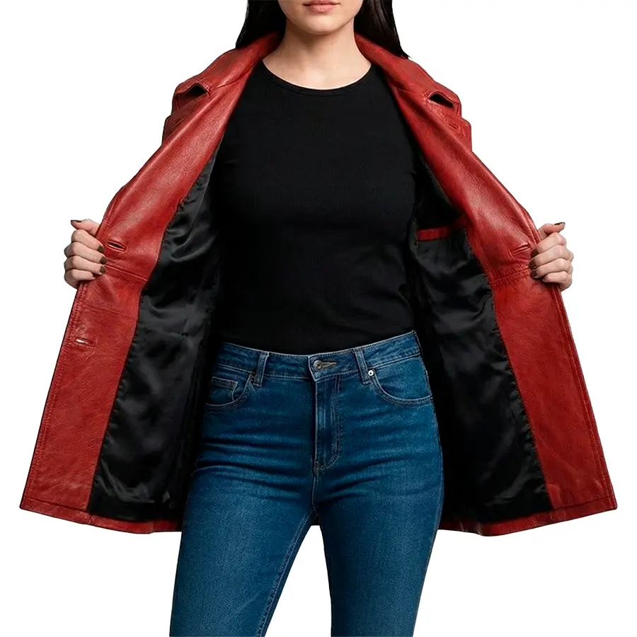 Dakota Double Breasted Red Leather Car Coat - Image 8