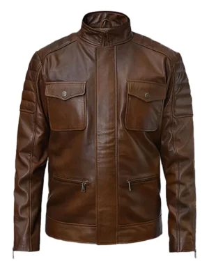 Frank Quilted Distressed Vintage Brown Leather Cafe Racer Jacket