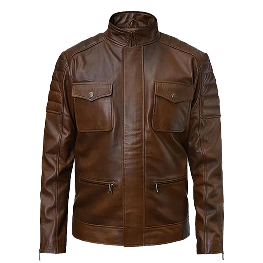 Frank Quilted Distressed Vintage Brown Leather Cafe Racer Jacket