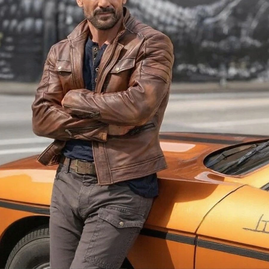 Frank Quilted Distressed Vintage Brown Leather Cafe Racer Jacket - Image 3