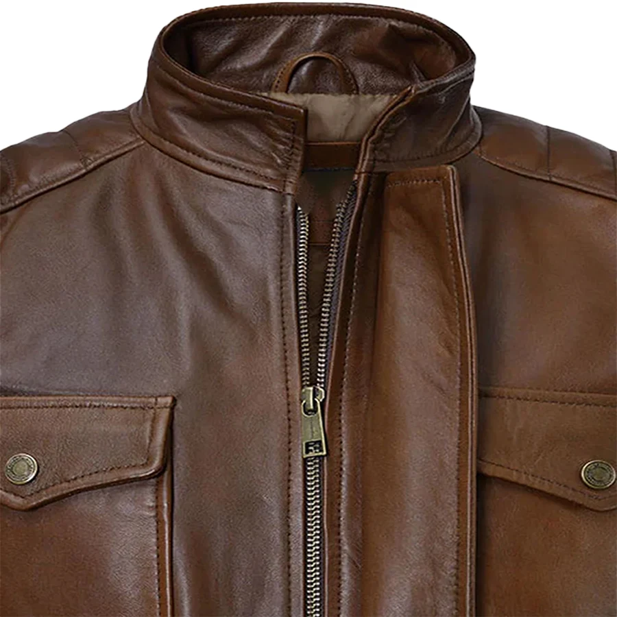 Frank Quilted Distressed Vintage Brown Leather Cafe Racer Jacket - Image 4