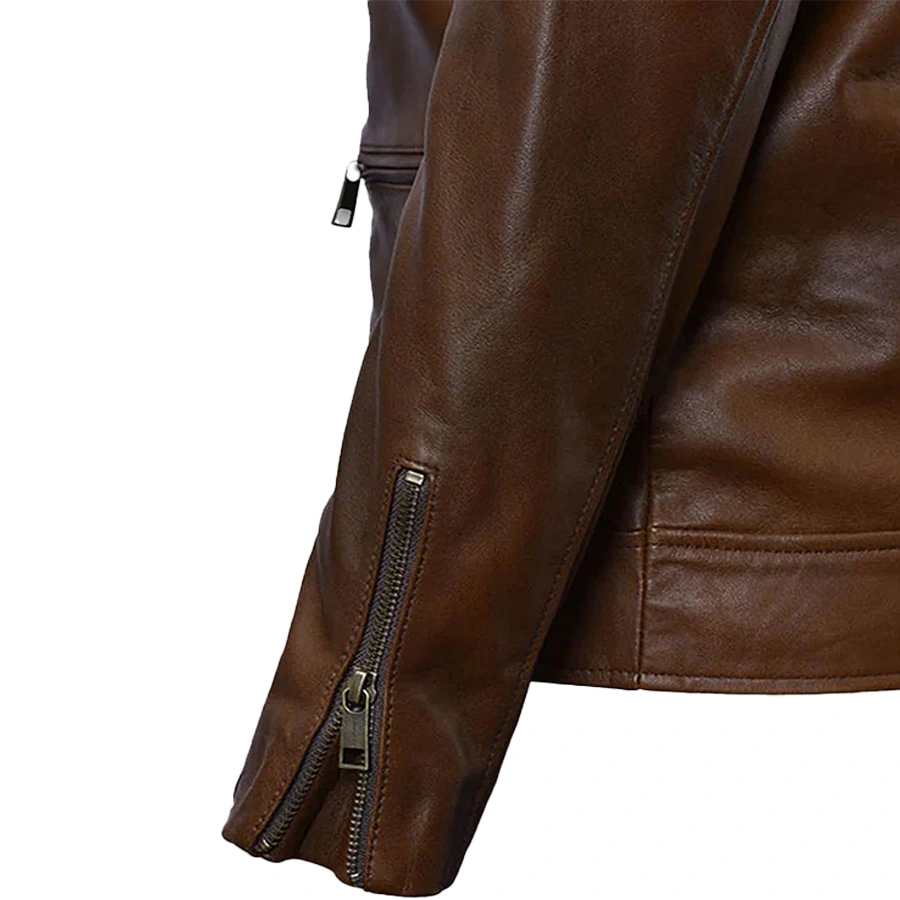 Frank Quilted Distressed Vintage Brown Leather Cafe Racer Jacket - Image 5
