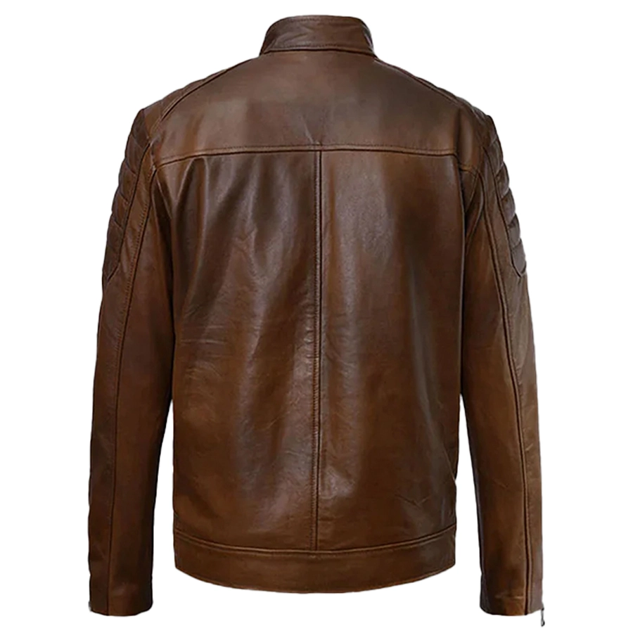 Frank Quilted Distressed Vintage Brown Leather Cafe Racer Jacket - Image 6