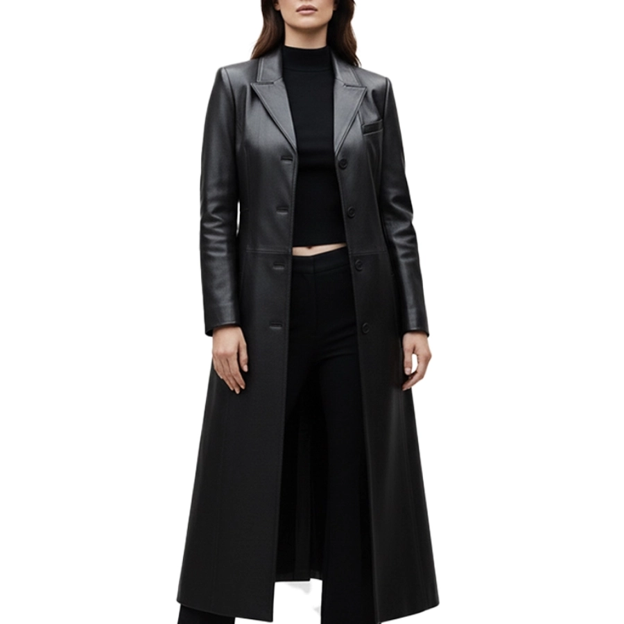 Kender Long Black Leather Trench Coat