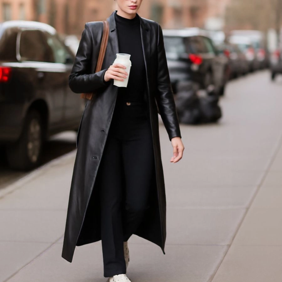 Kender Long Black Leather Trench Coat - Image 2