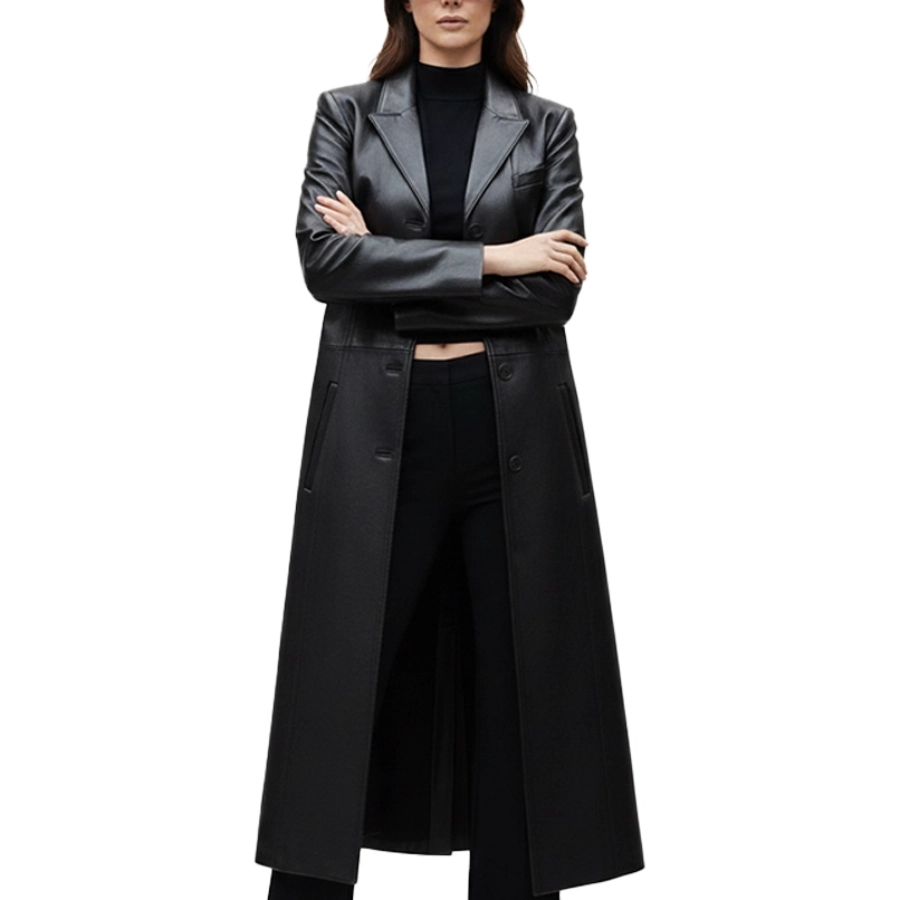 Kender Long Black Leather Trench Coat - Image 3