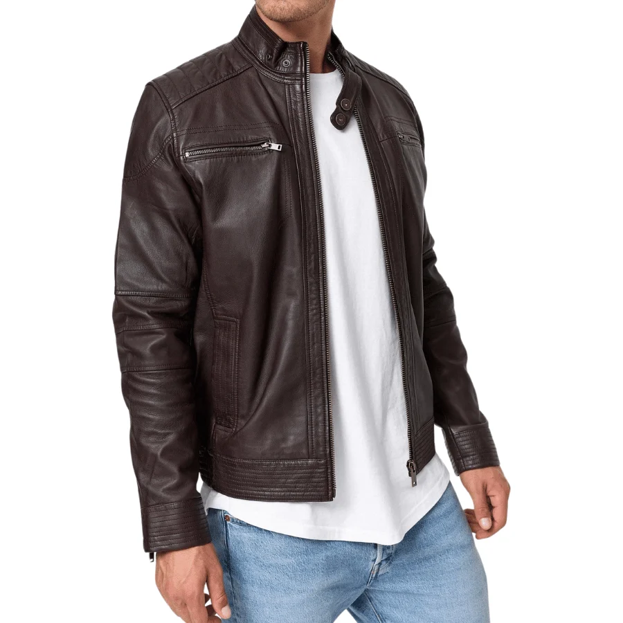 Brent Brown Leather Biker Jacket - Image 2