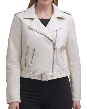 Emilia White Leather Biker Jacket