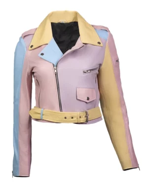 Evelyn Rainbow Pastel Cropped Leather Biker Jacket