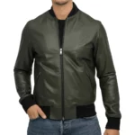 Finn Olive Green Leather Bomber Jacket