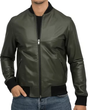 Finn Olive Green Leather Bomber Jacket