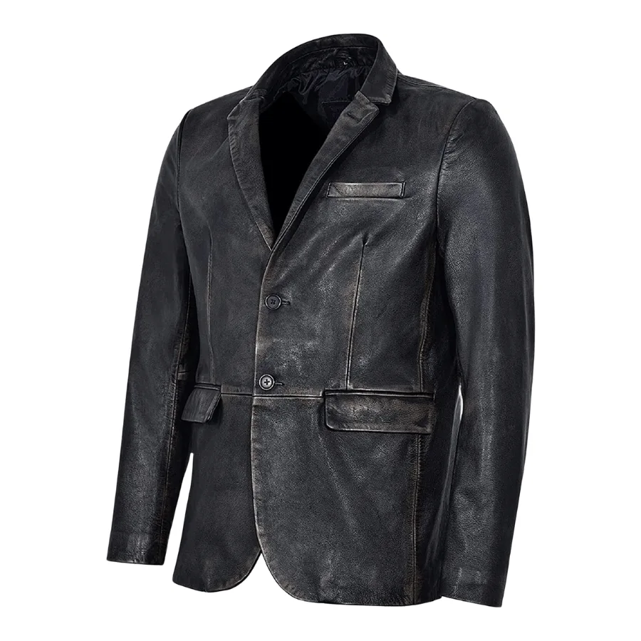 Harlan Distressed Black Leather Blazer - Image 2