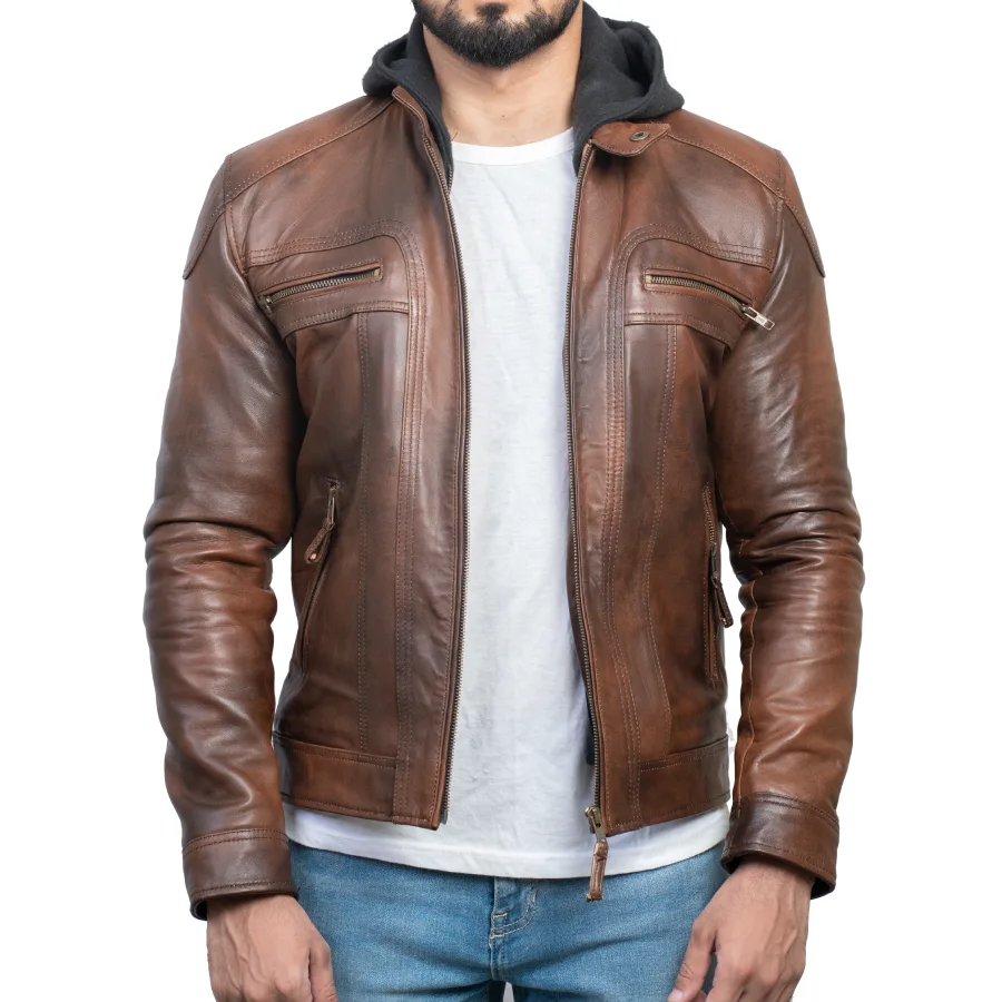 Liam Vintage Brown Hooded Leather Biker Jacket - Image 2