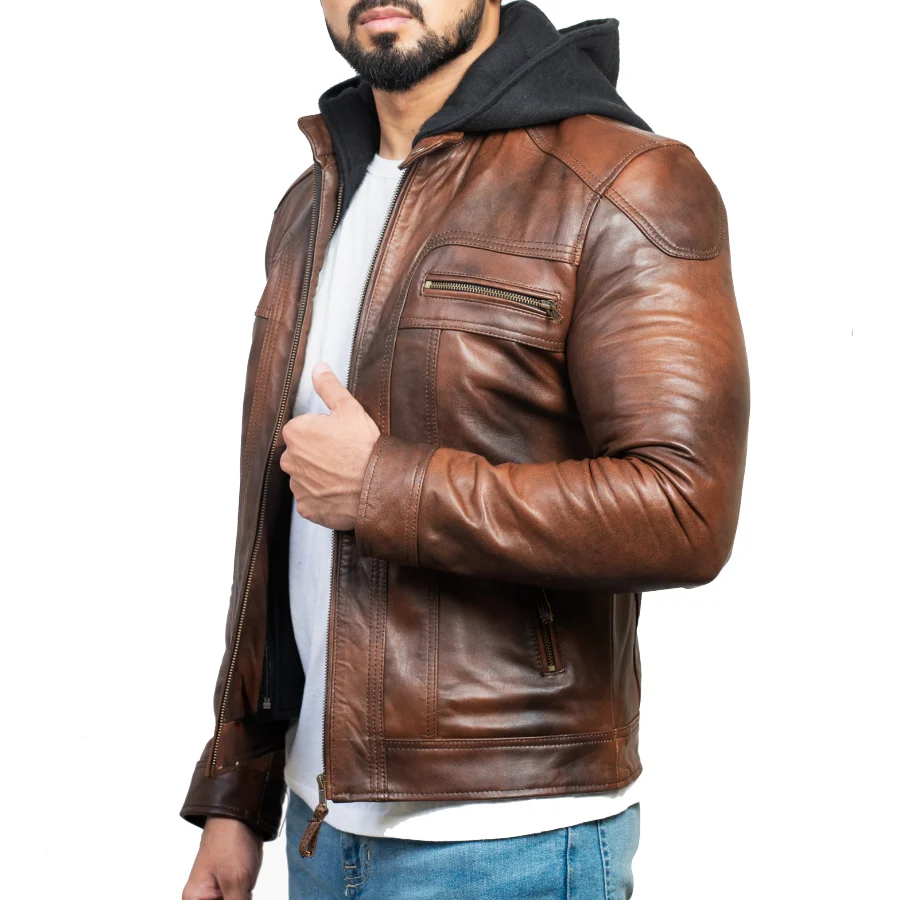 Liam Vintage Brown Hooded Leather Biker Jacket - Image 3