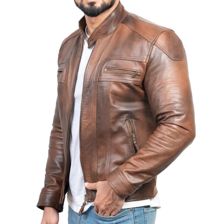 Liam Vintage Brown Hooded Leather Biker Jacket - Image 4