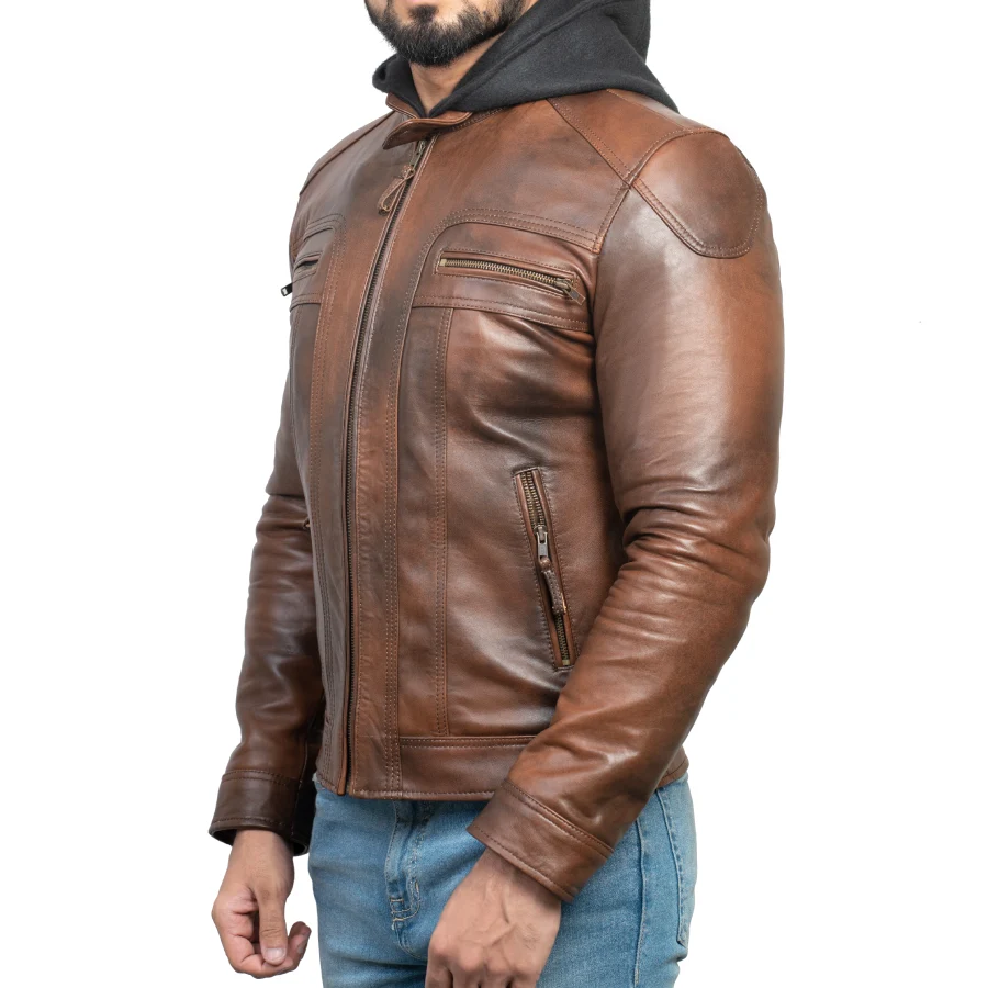 Liam Vintage Brown Hooded Leather Biker Jacket - Image 5