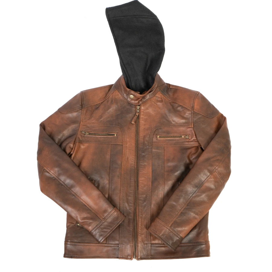 Liam Vintage Brown Hooded Leather Biker Jacket - Image 6