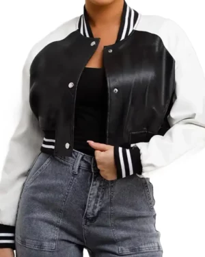 Lyra White & Black Leather Cropped Varsity Jacket