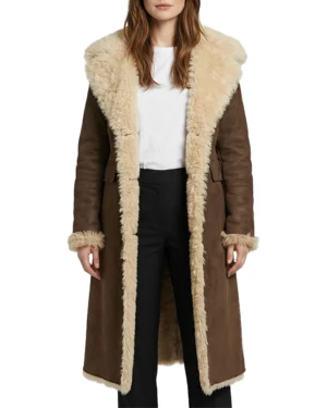 Aimee Shearling Brown Leather Long Coat