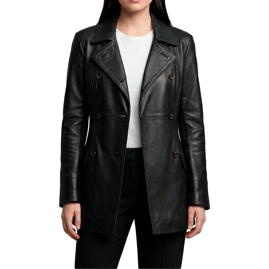 Dakota Double Breasted Black Leather Car Coat