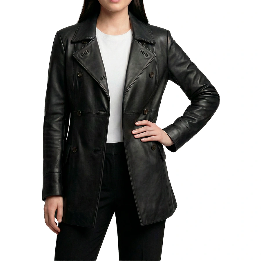 Dakota Double Breasted Black Leather Car Coat - Image 2