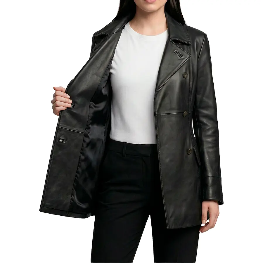 Dakota Double Breasted Black Leather Car Coat - Image 3