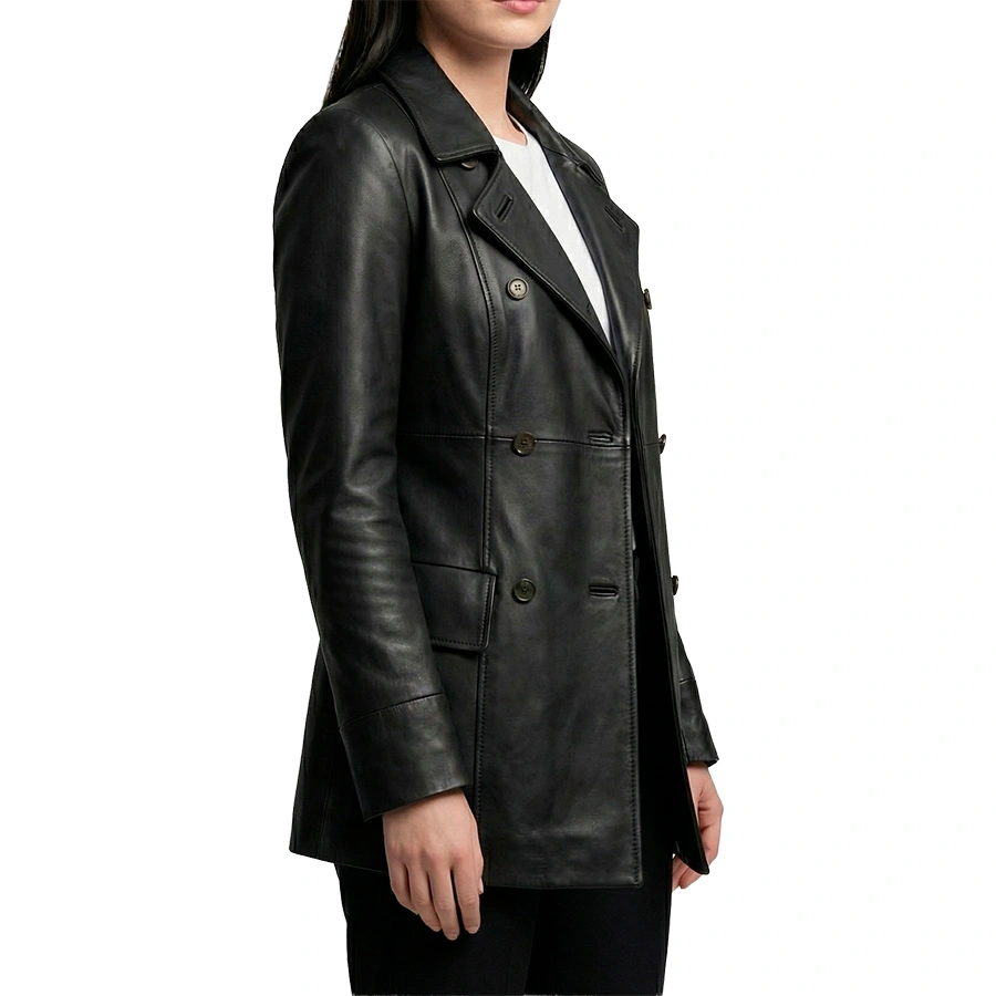 Dakota Double Breasted Black Leather Car Coat - Image 4
