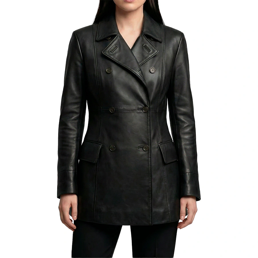 Dakota Double Breasted Black Leather Car Coat - Image 5