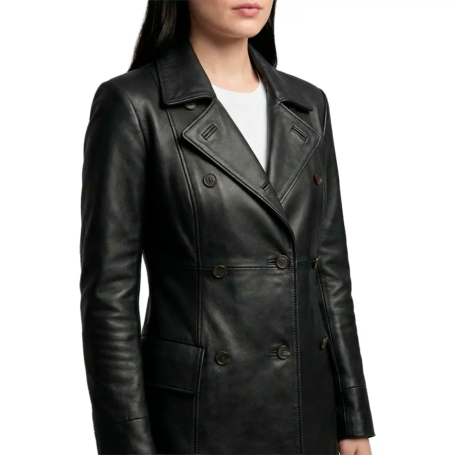 Dakota Double Breasted Black Leather Car Coat - Image 6
