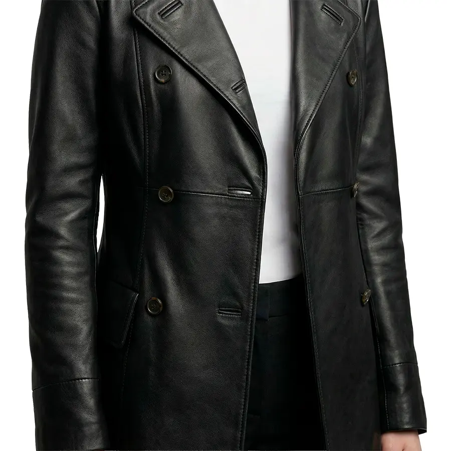 Dakota Double Breasted Black Leather Car Coat - Image 8